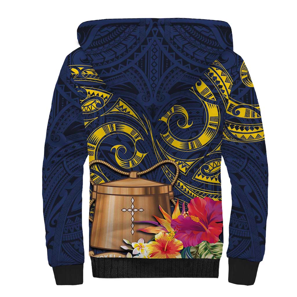 Tokelau Tokehega Day Sherpa Hoodie Coat of Arms with Polynesian Tattoo and Hibiscus LT03 - Polynesian Pride