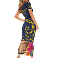 Tokelau Tokehega Day Short Sleeve Bodycon Dress Coat of Arms with Polynesian Tattoo and Hibiscus LT03 - Polynesian Pride