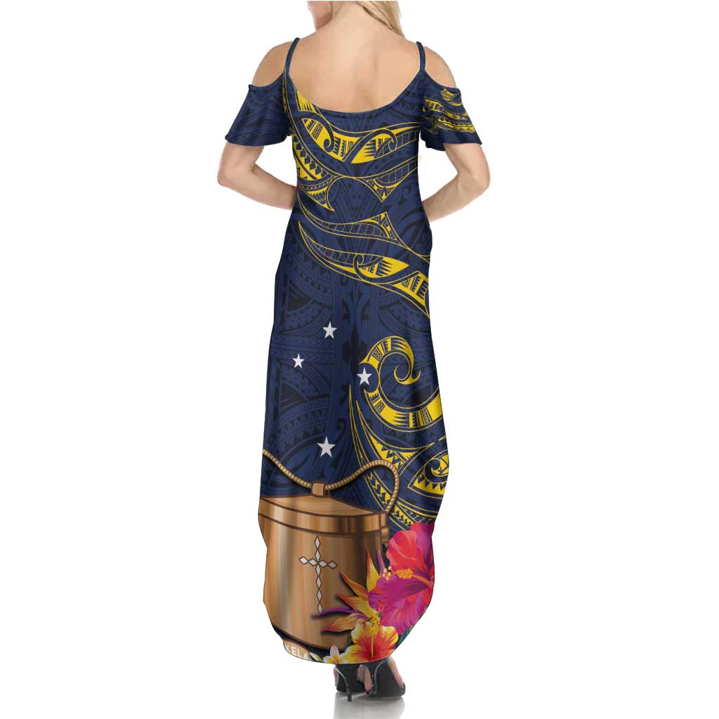 Tokelau Tokehega Day Summer Maxi Dress Coat of Arms with Polynesian Tattoo and Hibiscus LT03 - Polynesian Pride