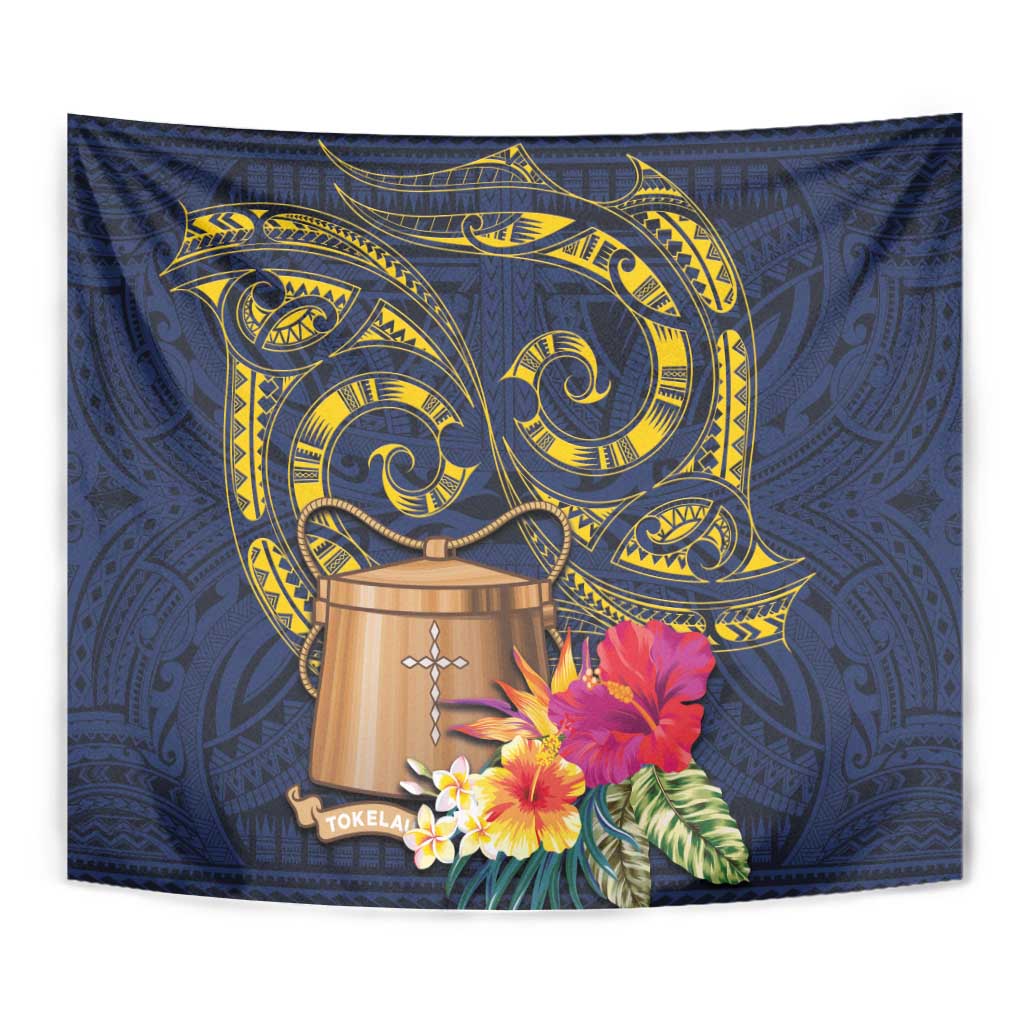 Tokelau Tokehega Day Tapestry Coat of Arms with Polynesian Tattoo and Hibiscus
