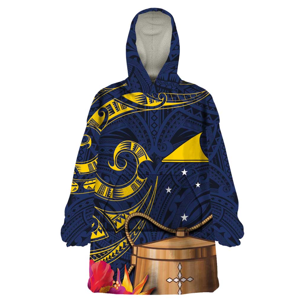 Tokelau Tokehega Day Wearable Blanket Hoodie Coat of Arms with Polynesian Tattoo and Hibiscus LT03 One Size Blue - Polynesian Pride