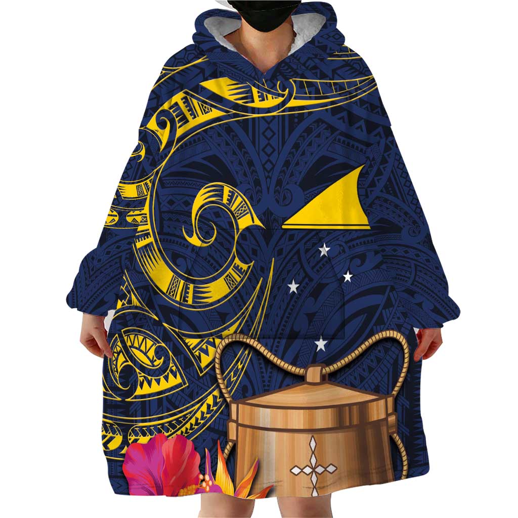 Tokelau Tokehega Day Wearable Blanket Hoodie Coat of Arms with Polynesian Tattoo and Hibiscus LT03 - Polynesian Pride