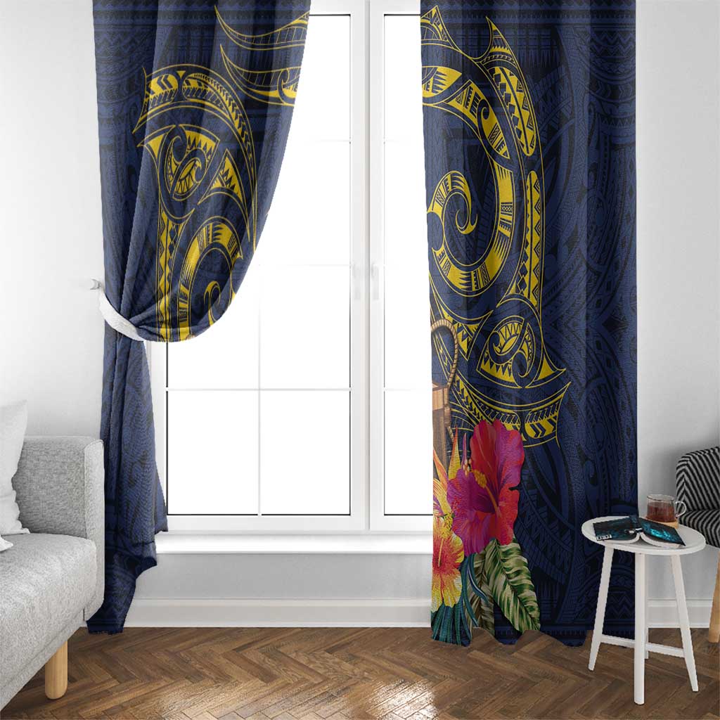 Tokelau Tokehega Day Window Curtain Coat of Arms with Polynesian Tattoo and Hibiscus