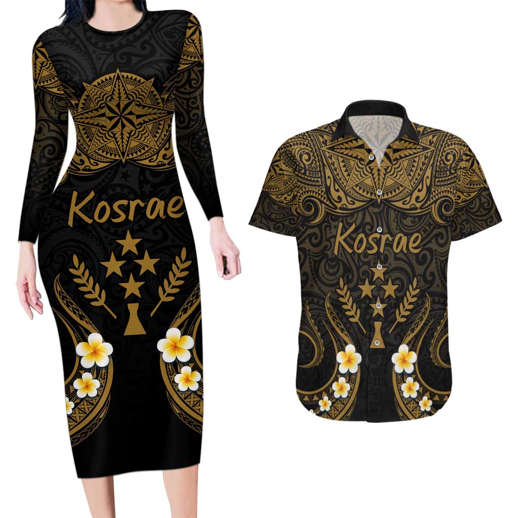 Personalised Kosrae Liberation Day Couples Matching Long Sleeve Bodycon Dress and Hawaiian Shirt Polynesian Tattoo and Plumeria Gold Color LT03 Gold - Polynesian Pride