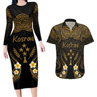 Personalised Kosrae Liberation Day Couples Matching Long Sleeve Bodycon Dress and Hawaiian Shirt Polynesian Tattoo and Plumeria Gold Color LT03 Gold - Polynesian Pride