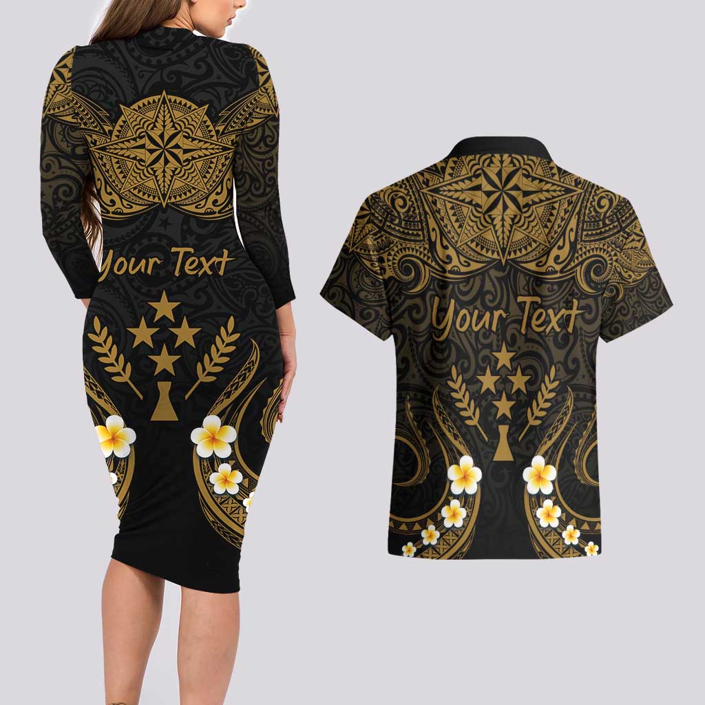 Personalised Kosrae Liberation Day Couples Matching Long Sleeve Bodycon Dress and Hawaiian Shirt Polynesian Tattoo and Plumeria Gold Color LT03 - Polynesian Pride