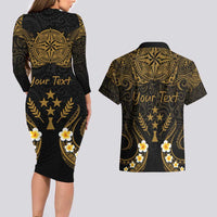 Personalised Kosrae Liberation Day Couples Matching Long Sleeve Bodycon Dress and Hawaiian Shirt Polynesian Tattoo and Plumeria Gold Color LT03 - Polynesian Pride