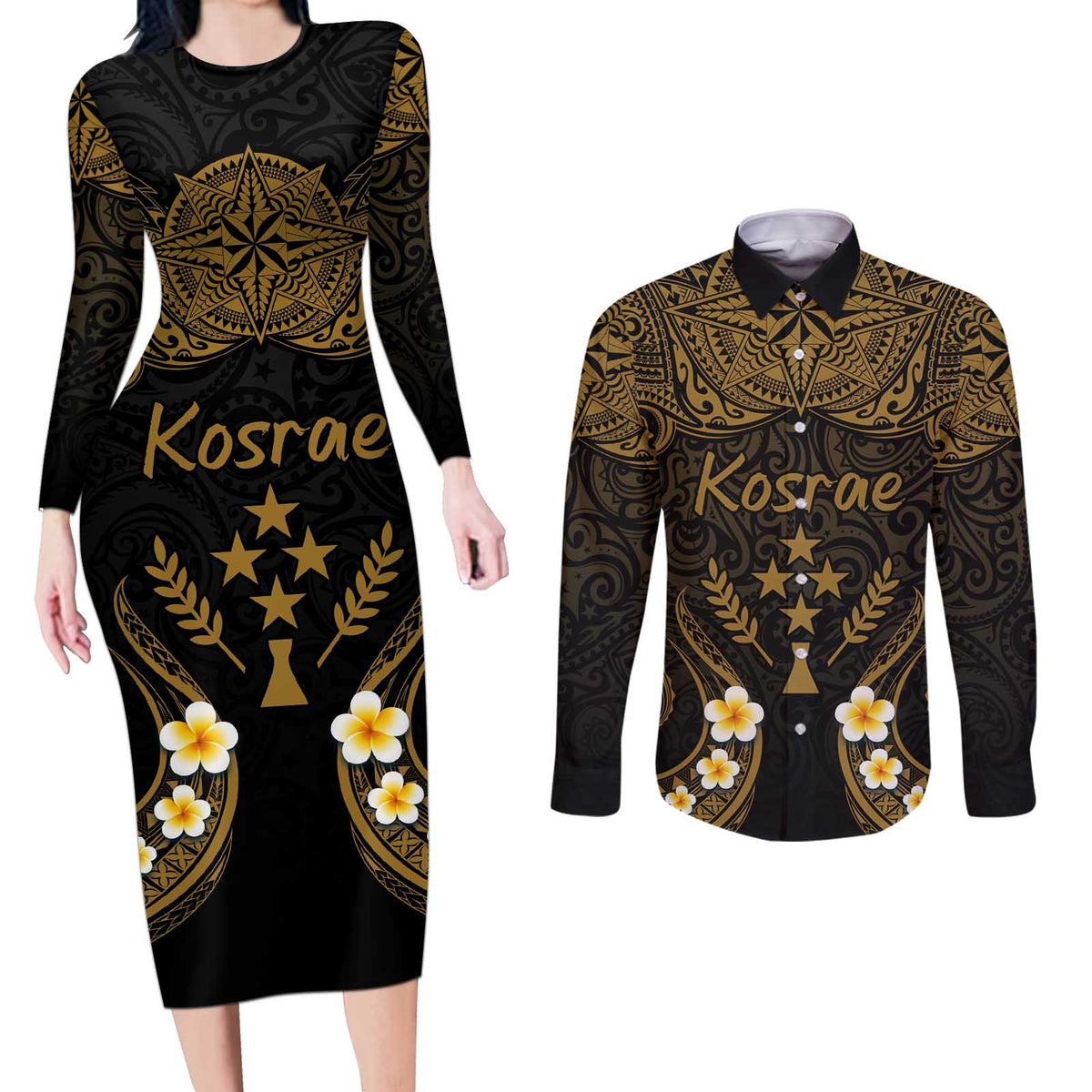 Personalised Kosrae Liberation Day Couples Matching Long Sleeve Bodycon Dress and Long Sleeve Button Shirt Polynesian Tattoo and Plumeria Gold Color LT03 Gold - Polynesian Pride
