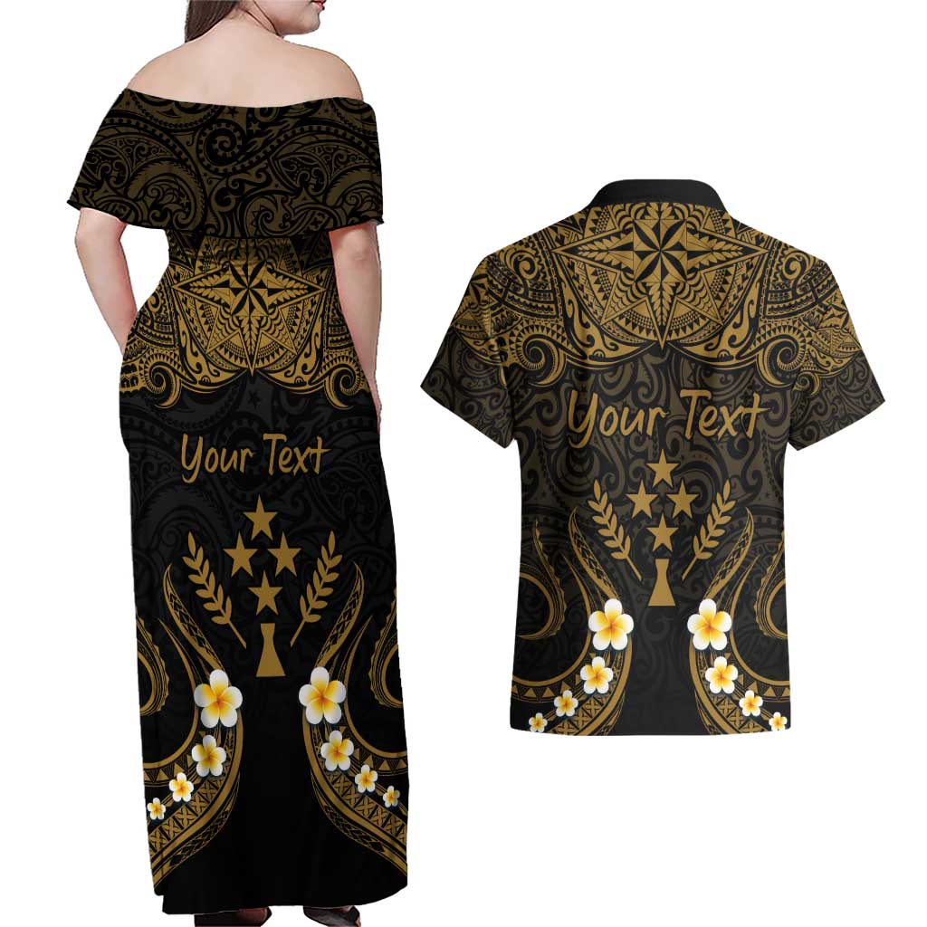 Personalised Kosrae Liberation Day Couples Matching Off Shoulder Maxi Dress and Hawaiian Shirt Polynesian Tattoo and Plumeria Gold Color LT03 - Polynesian Pride