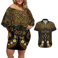 Personalised Kosrae Liberation Day Couples Matching Off Shoulder Short Dress and Hawaiian Shirt Polynesian Tattoo and Plumeria Gold Color LT03 Gold - Polynesian Pride