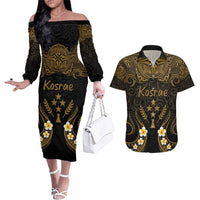 Personalised Kosrae Liberation Day Couples Matching Off The Shoulder Long Sleeve Dress and Hawaiian Shirt Polynesian Tattoo and Plumeria Gold Color LT03 Gold - Polynesian Pride
