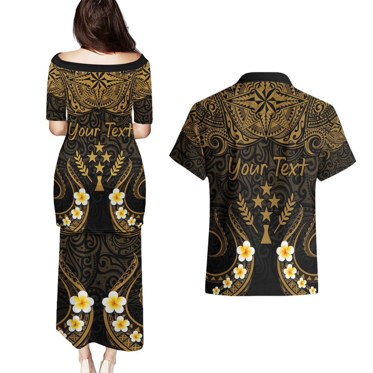 Personalised Kosrae Liberation Day Couples Matching Puletasi and Hawaiian Shirt Polynesian Tattoo and Plumeria Gold Color LT03 - Polynesian Pride