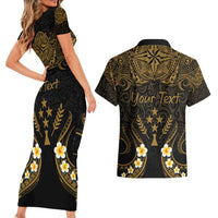 Personalised Kosrae Liberation Day Couples Matching Short Sleeve Bodycon Dress and Hawaiian Shirt Polynesian Tattoo and Plumeria Gold Color LT03 - Polynesian Pride