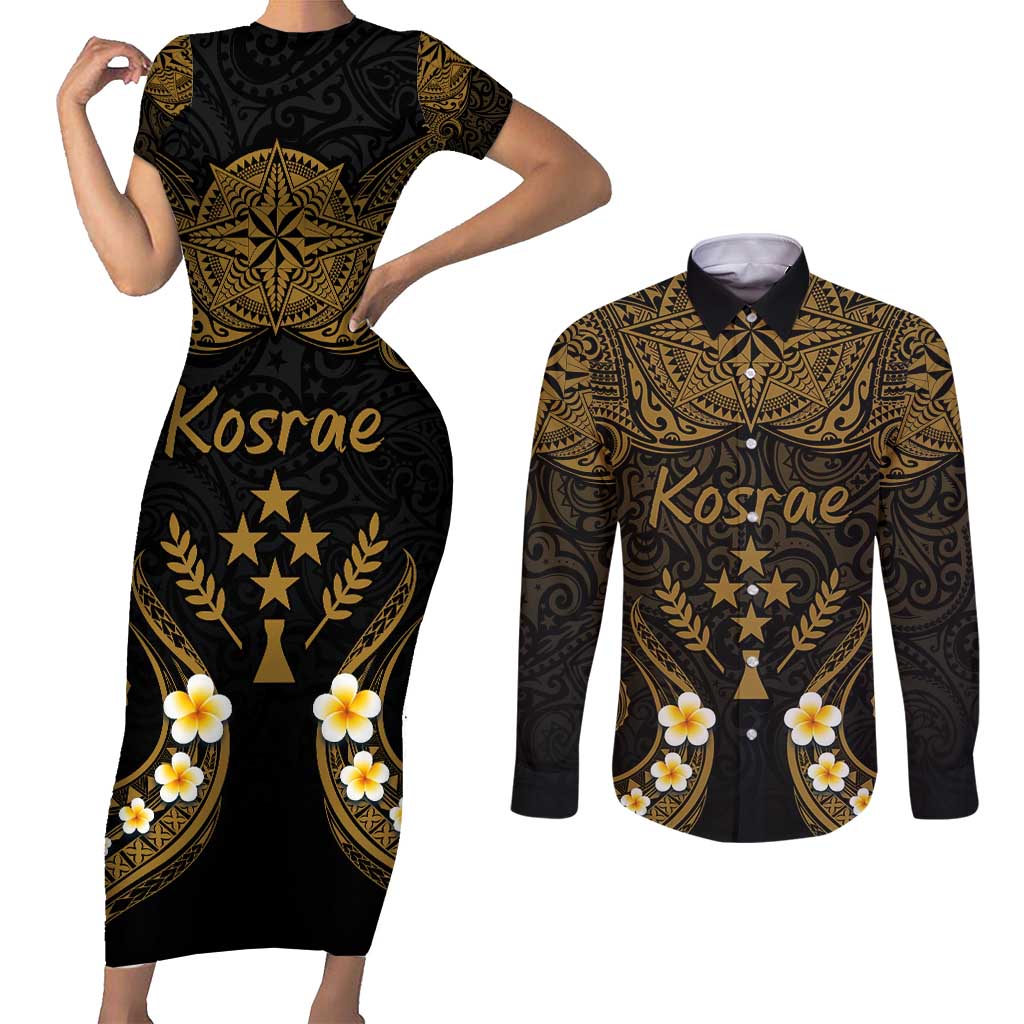 Personalised Kosrae Liberation Day Couples Matching Short Sleeve Bodycon Dress and Long Sleeve Button Shirt Polynesian Tattoo and Plumeria Gold Color LT03 Gold - Polynesian Pride