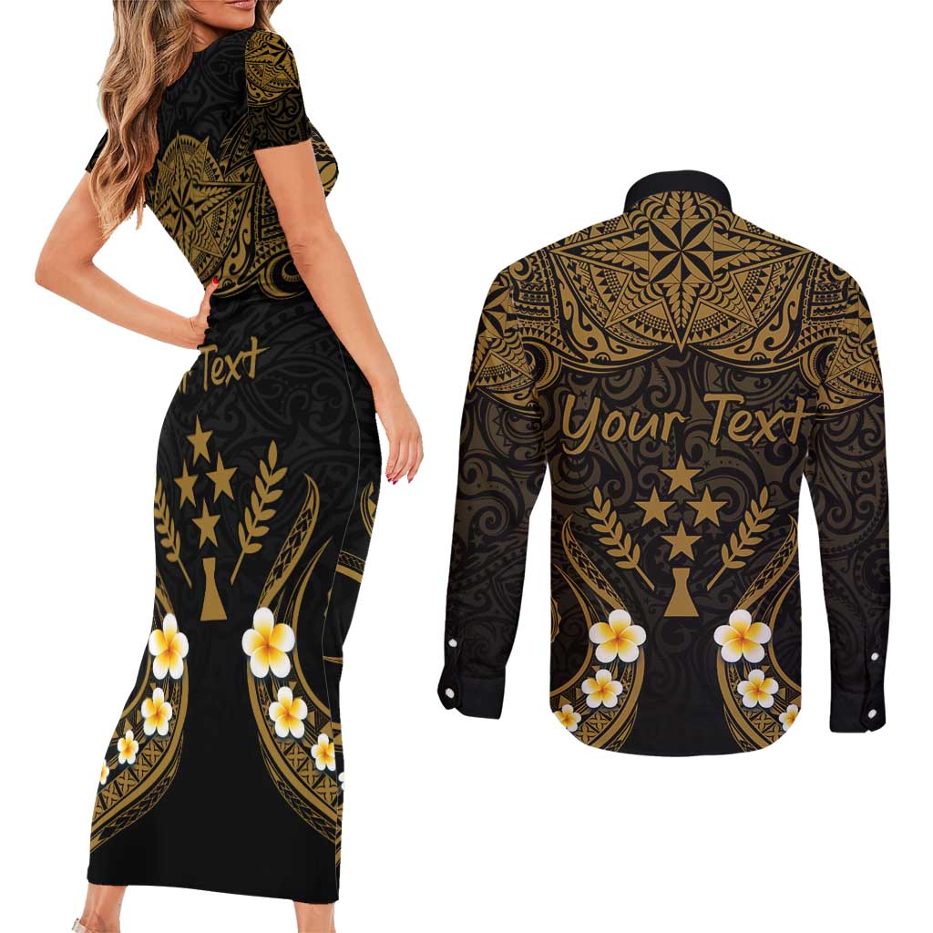 Personalised Kosrae Liberation Day Couples Matching Short Sleeve Bodycon Dress and Long Sleeve Button Shirt Polynesian Tattoo and Plumeria Gold Color LT03 - Polynesian Pride