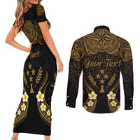 Personalised Kosrae Liberation Day Couples Matching Short Sleeve Bodycon Dress and Long Sleeve Button Shirt Polynesian Tattoo and Plumeria Gold Color LT03 - Polynesian Pride