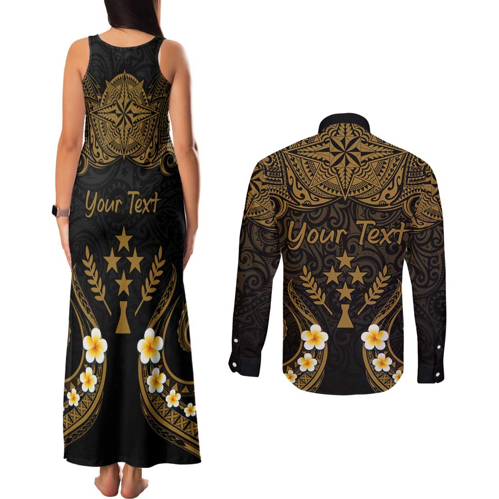 Personalised Kosrae Liberation Day Couples Matching Tank Maxi Dress and Long Sleeve Button Shirt Polynesian Tattoo and Plumeria Gold Color LT03 - Polynesian Pride