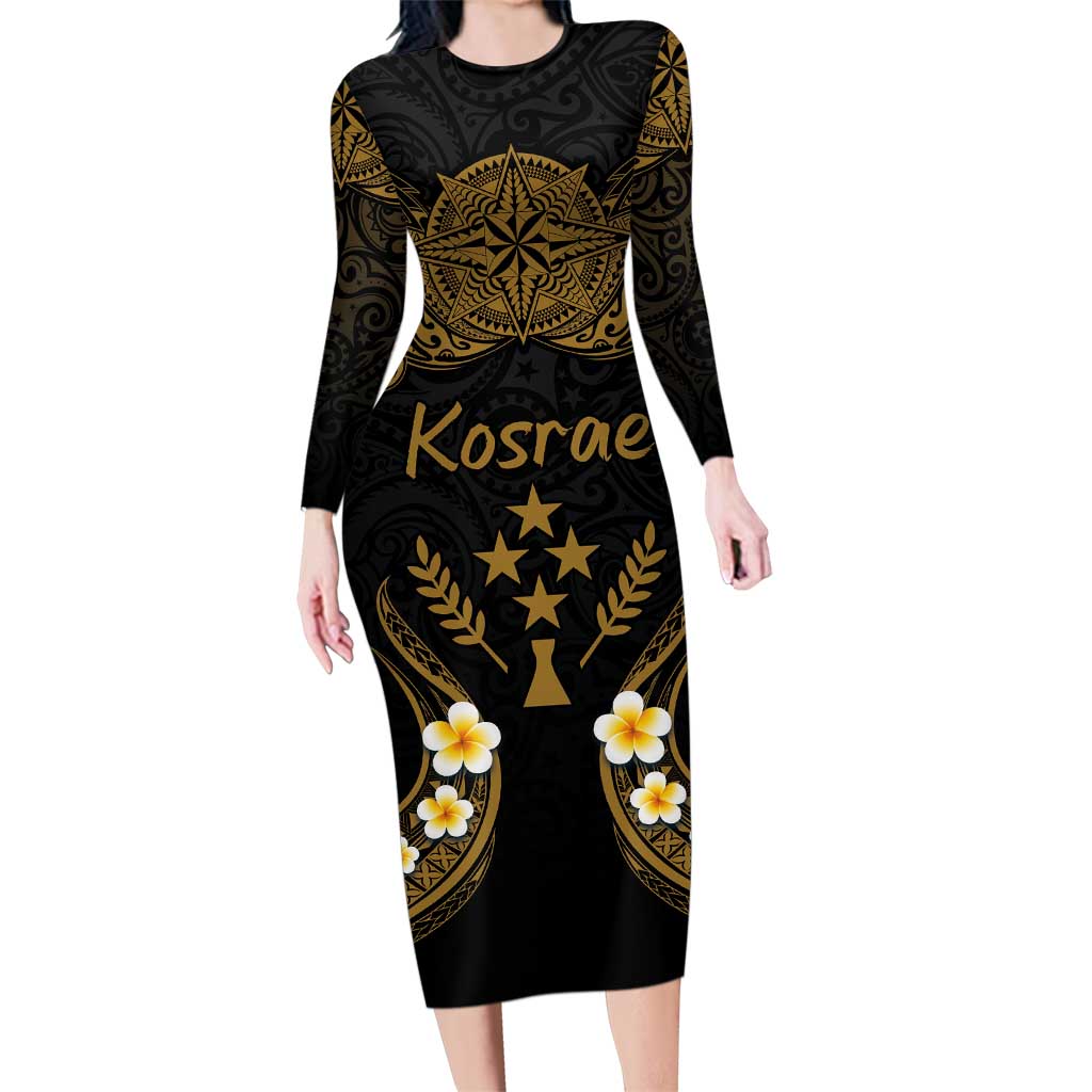 Personalised Kosrae Liberation Day Family Matching Long Sleeve Bodycon Dress and Hawaiian Shirt Polynesian Tattoo and Plumeria Gold Color LT03 Mom's Dress Gold - Polynesian Pride