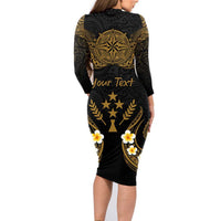 Personalised Kosrae Liberation Day Family Matching Long Sleeve Bodycon Dress and Hawaiian Shirt Polynesian Tattoo and Plumeria Gold Color LT03 - Polynesian Pride