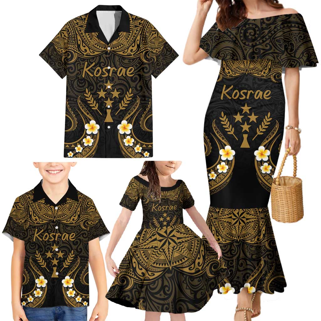 Personalised Kosrae Liberation Day Family Matching Mermaid Dress and Hawaiian Shirt Polynesian Tattoo and Plumeria Gold Color LT03 - Polynesian Pride