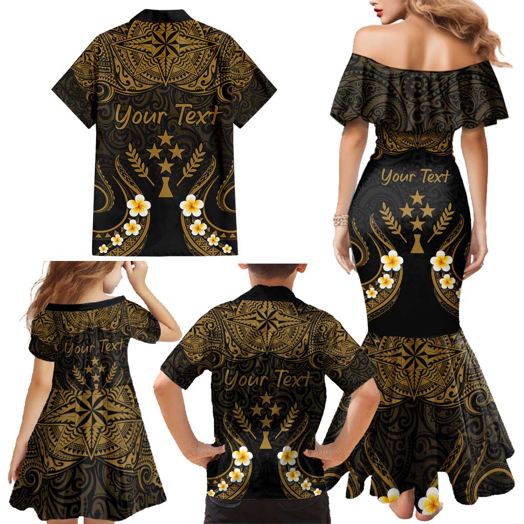 Personalised Kosrae Liberation Day Family Matching Mermaid Dress and Hawaiian Shirt Polynesian Tattoo and Plumeria Gold Color LT03 - Polynesian Pride