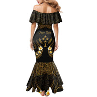 Personalised Kosrae Liberation Day Family Matching Mermaid Dress and Hawaiian Shirt Polynesian Tattoo and Plumeria Gold Color LT03 - Polynesian Pride