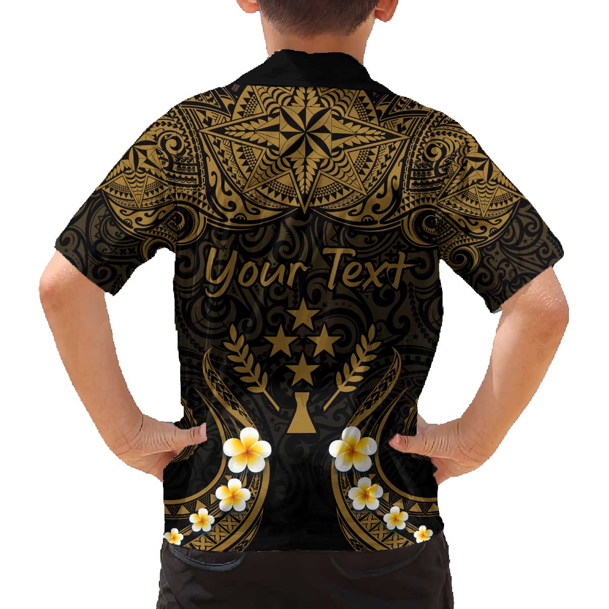 Personalised Kosrae Liberation Day Family Matching Off The Shoulder Long Sleeve Dress and Hawaiian Shirt Polynesian Tattoo and Plumeria Gold Color LT03 - Polynesian Pride