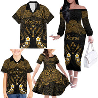 Personalised Kosrae Liberation Day Family Matching Off The Shoulder Long Sleeve Dress and Hawaiian Shirt Polynesian Tattoo and Plumeria Gold Color LT03 - Polynesian Pride