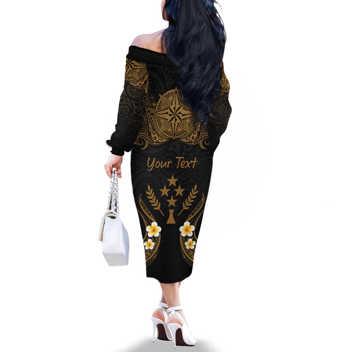 Personalised Kosrae Liberation Day Family Matching Off The Shoulder Long Sleeve Dress and Hawaiian Shirt Polynesian Tattoo and Plumeria Gold Color LT03 - Polynesian Pride