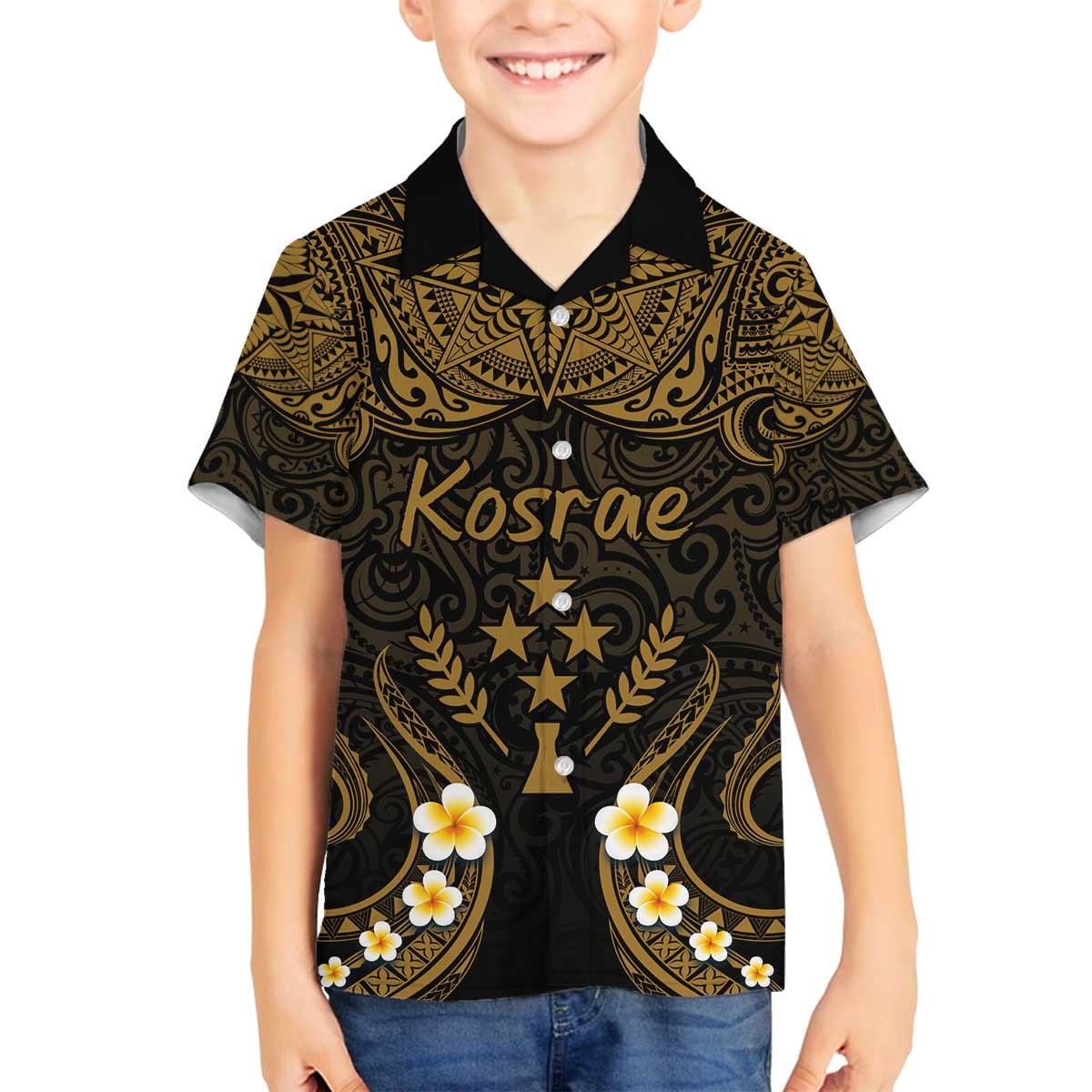 Personalised Kosrae Liberation Day Family Matching Off The Shoulder Long Sleeve Dress and Hawaiian Shirt Polynesian Tattoo and Plumeria Gold Color LT03 Son's Shirt Gold - Polynesian Pride