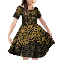 Personalised Kosrae Liberation Day Family Matching Off Shoulder Short Dress and Hawaiian Shirt Polynesian Tattoo and Plumeria Gold Color LT03 Daughter's Dress Gold - Polynesian Pride