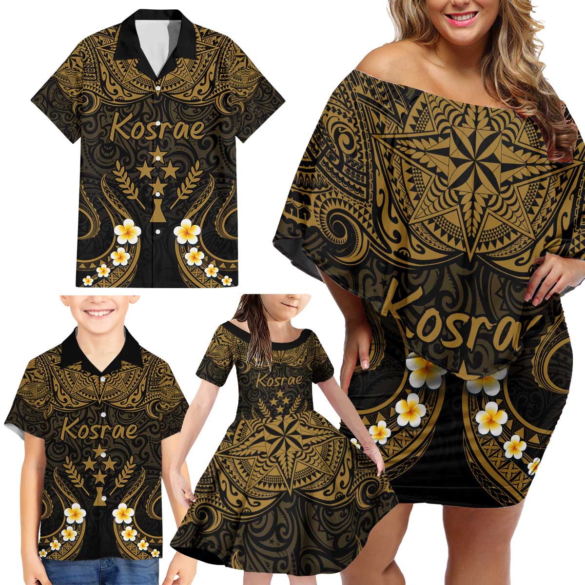 Personalised Kosrae Liberation Day Family Matching Off Shoulder Short Dress and Hawaiian Shirt Polynesian Tattoo and Plumeria Gold Color LT03 - Polynesian Pride