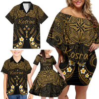 Personalised Kosrae Liberation Day Family Matching Off Shoulder Short Dress and Hawaiian Shirt Polynesian Tattoo and Plumeria Gold Color LT03 - Polynesian Pride
