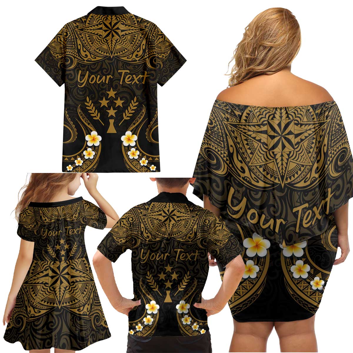 Personalised Kosrae Liberation Day Family Matching Off Shoulder Short Dress and Hawaiian Shirt Polynesian Tattoo and Plumeria Gold Color LT03 - Polynesian Pride