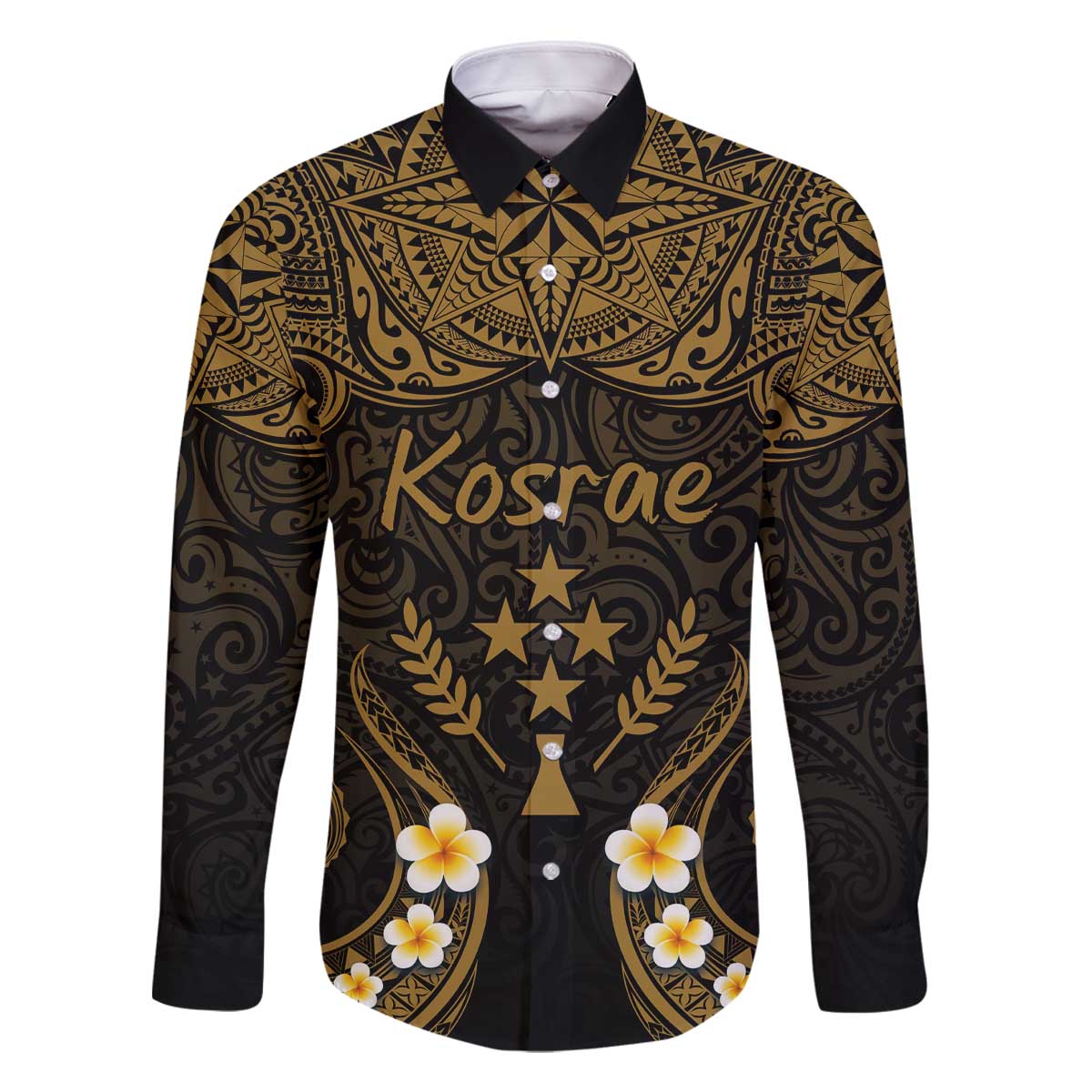 Personalised Kosrae Liberation Day Family Matching Off Shoulder Short Dress and Hawaiian Shirt Polynesian Tattoo and Plumeria Gold Color LT03 Dad's Shirt - Long Sleeve Gold - Polynesian Pride