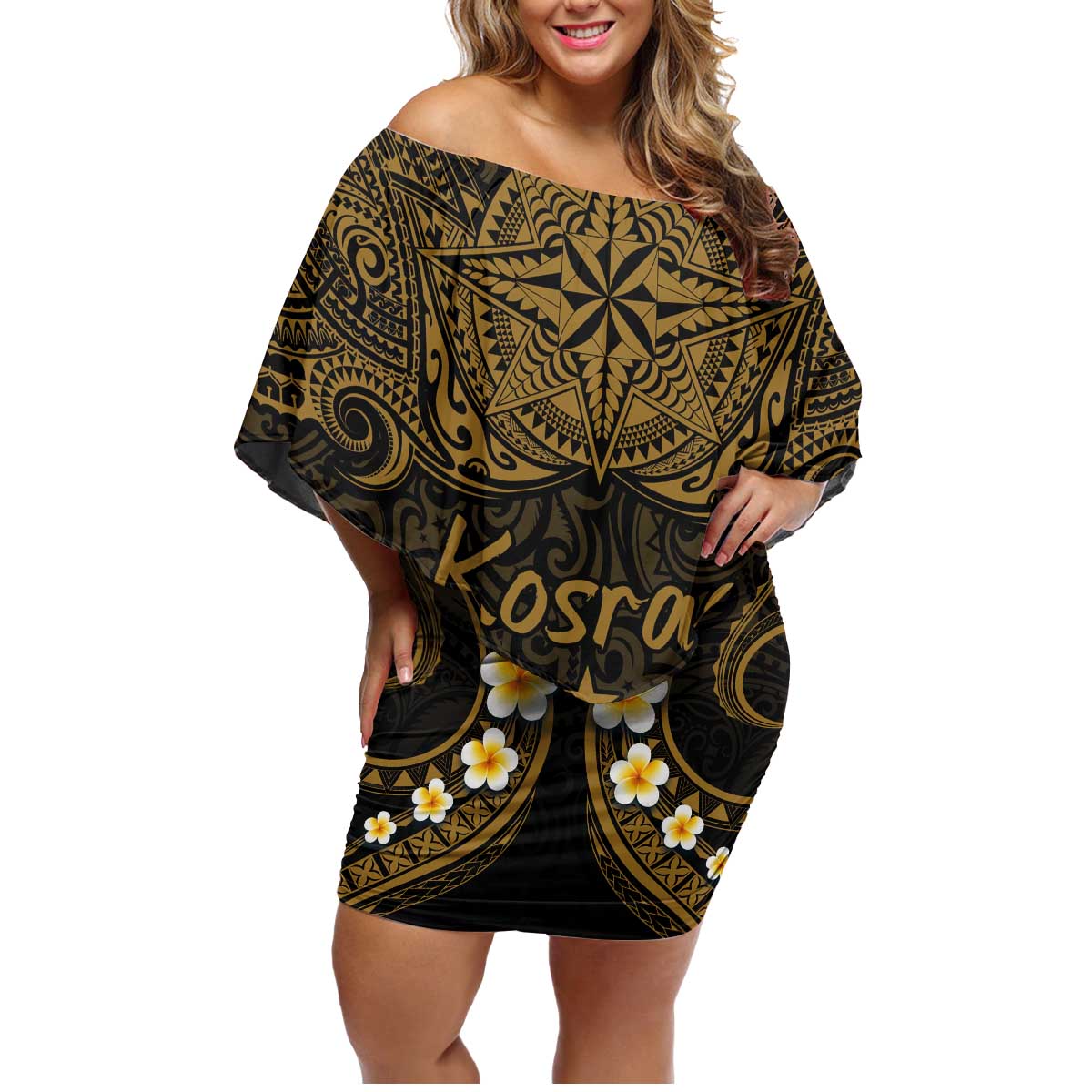 Personalised Kosrae Liberation Day Family Matching Off Shoulder Short Dress and Hawaiian Shirt Polynesian Tattoo and Plumeria Gold Color LT03 Mom's Dress Gold - Polynesian Pride