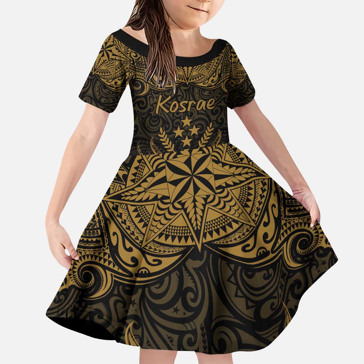 Personalised Kosrae Liberation Day Family Matching Puletasi and Hawaiian Shirt Polynesian Tattoo and Plumeria Gold Color LT03 Daughter's Dress Gold - Polynesian Pride