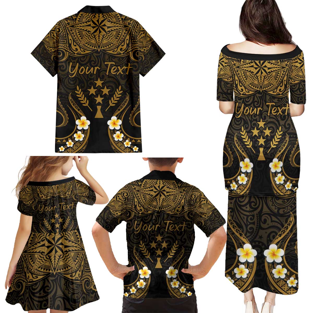 Personalised Kosrae Liberation Day Family Matching Puletasi and Hawaiian Shirt Polynesian Tattoo and Plumeria Gold Color LT03 - Polynesian Pride