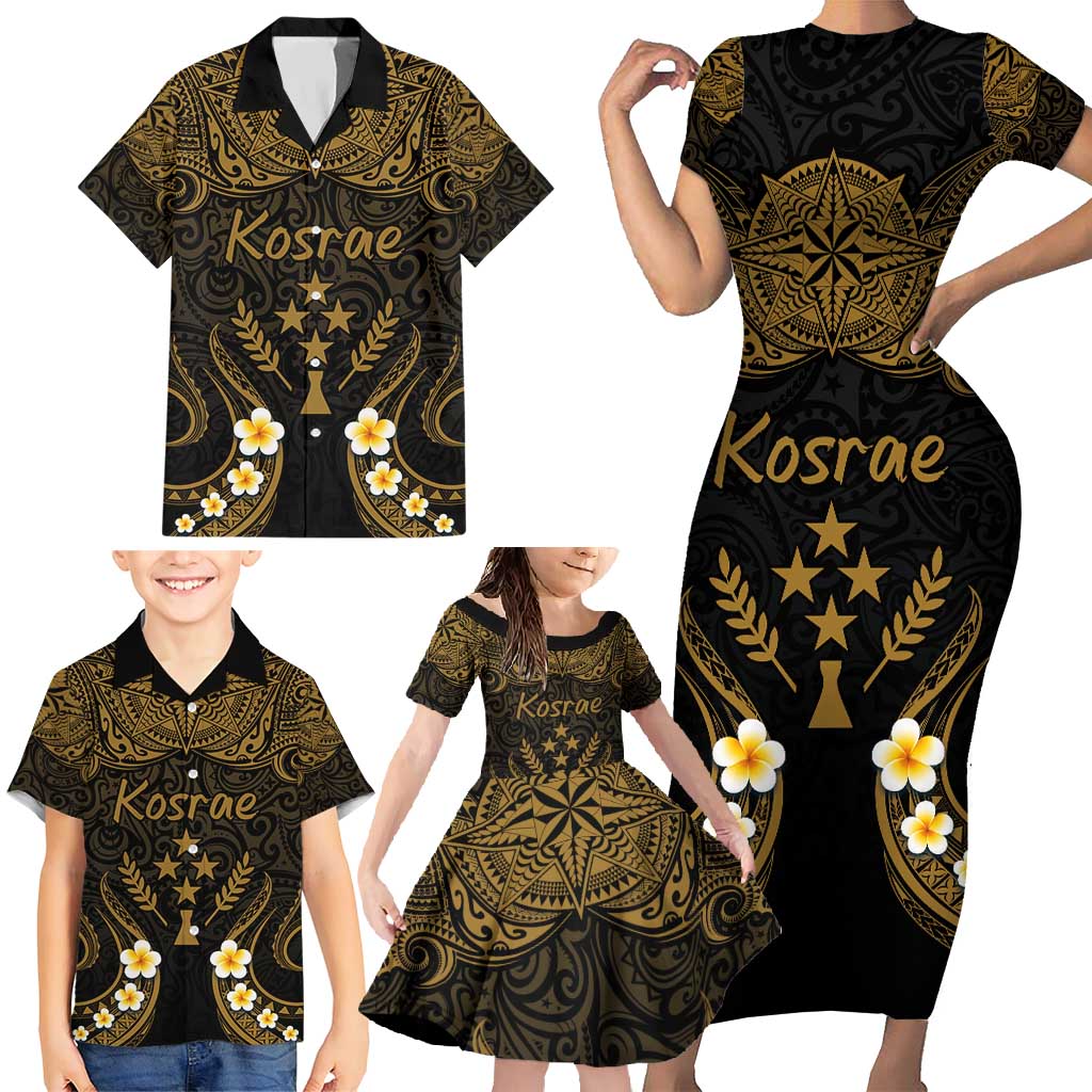 Personalised Kosrae Liberation Day Family Matching Short Sleeve Bodycon Dress and Hawaiian Shirt Polynesian Tattoo and Plumeria Gold Color LT03 - Polynesian Pride