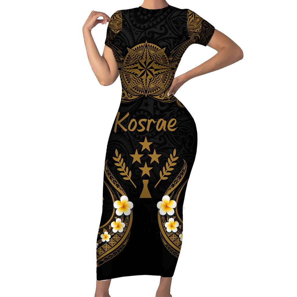 Personalised Kosrae Liberation Day Family Matching Short Sleeve Bodycon Dress and Hawaiian Shirt Polynesian Tattoo and Plumeria Gold Color LT03 Mom's Dress Gold - Polynesian Pride