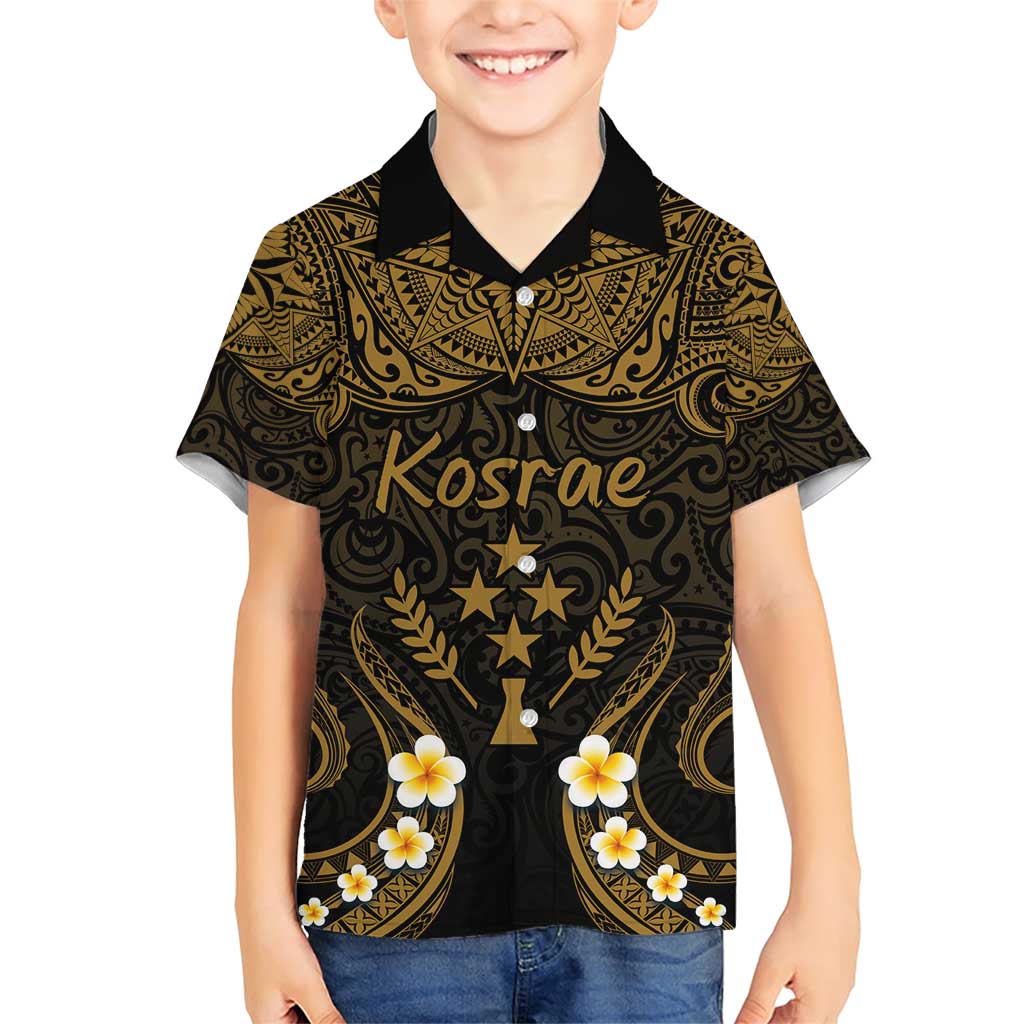 Personalised Kosrae Liberation Day Family Matching Short Sleeve Bodycon Dress and Hawaiian Shirt Polynesian Tattoo and Plumeria Gold Color LT03 Son's Shirt Gold - Polynesian Pride