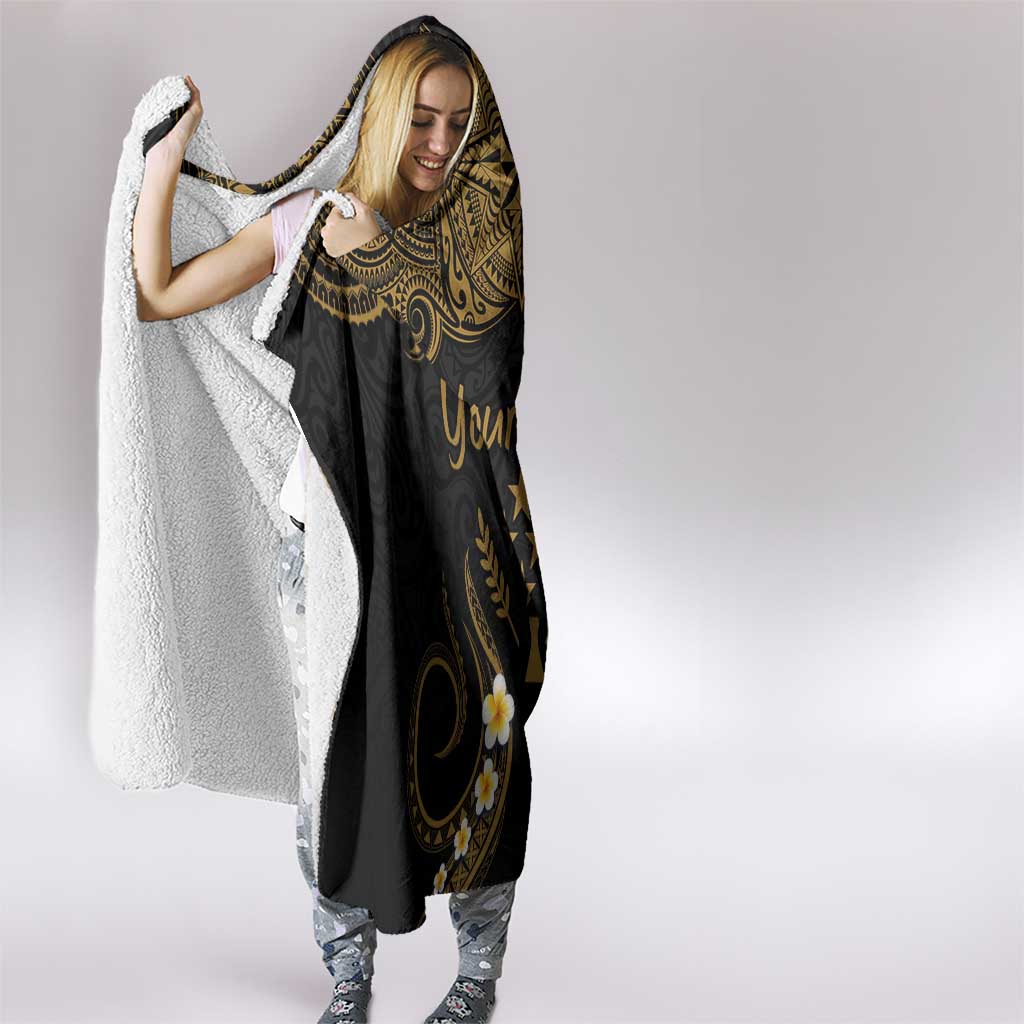 Personalised Kosrae Liberation Day Hooded Blanket Polynesian Tattoo and Plumeria Gold Color