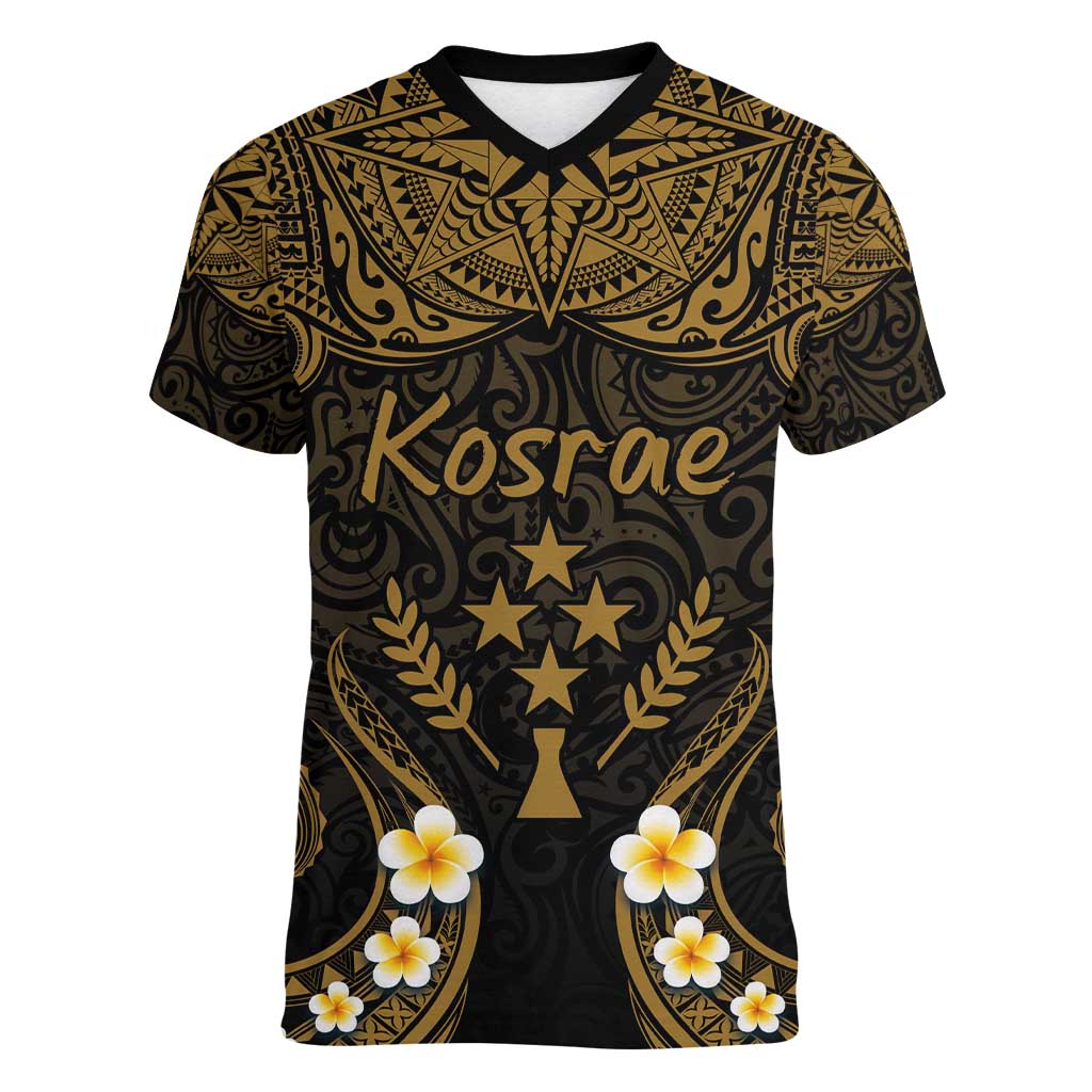 Personalised Kosrae Liberation Day Women V-Neck T-Shirt Polynesian Tattoo and Plumeria Gold Color LT03 Female Gold - Polynesian Pride
