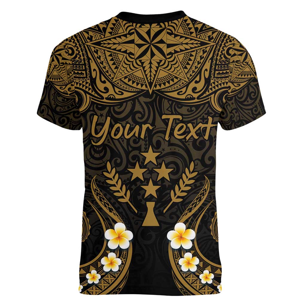 Personalised Kosrae Liberation Day Women V-Neck T-Shirt Polynesian Tattoo and Plumeria Gold Color LT03 - Polynesian Pride