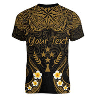 Personalised Kosrae Liberation Day Women V-Neck T-Shirt Polynesian Tattoo and Plumeria Gold Color LT03 - Polynesian Pride