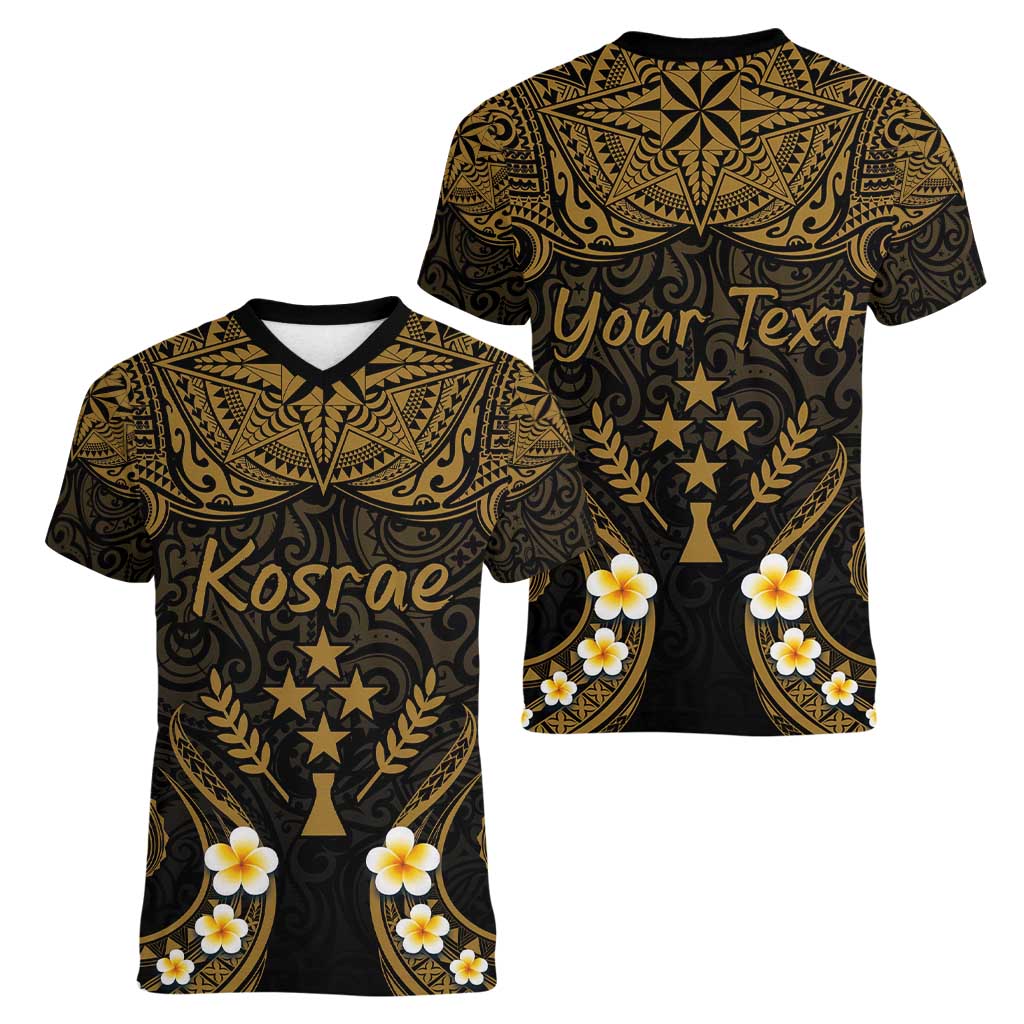 Personalised Kosrae Liberation Day Women V-Neck T-Shirt Polynesian Tattoo and Plumeria Gold Color LT03 - Polynesian Pride