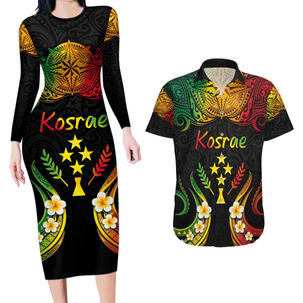 Personalised Kosrae Liberation Day Couples Matching Long Sleeve Bodycon Dress and Hawaiian Shirt Polynesian Tattoo and Plumeria Reggae Color LT03 Reggae - Polynesian Pride