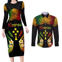 Personalised Kosrae Liberation Day Couples Matching Long Sleeve Bodycon Dress and Long Sleeve Button Shirt Polynesian Tattoo and Plumeria Reggae Color LT03 Reggae - Polynesian Pride