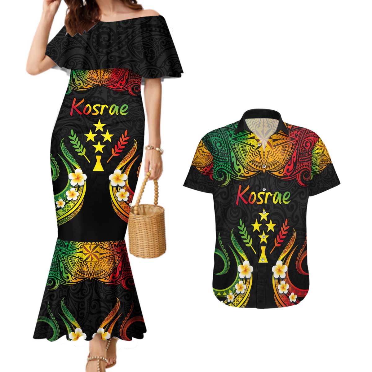 Personalised Kosrae Liberation Day Couples Matching Mermaid Dress and Hawaiian Shirt Polynesian Tattoo and Plumeria Reggae Color LT03 Reggae - Polynesian Pride