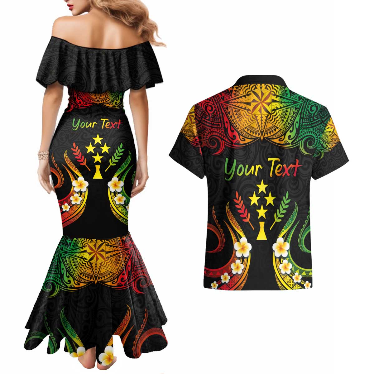 Personalised Kosrae Liberation Day Couples Matching Mermaid Dress and Hawaiian Shirt Polynesian Tattoo and Plumeria Reggae Color LT03 - Polynesian Pride